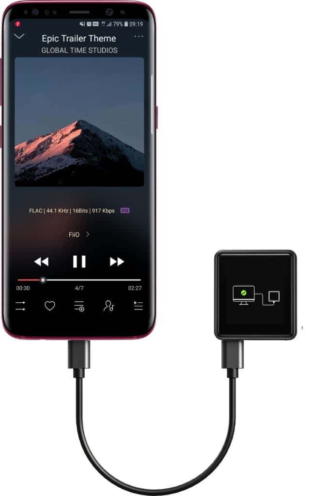 Fiio M5 hi-res lossless audio player connected to a smartphone