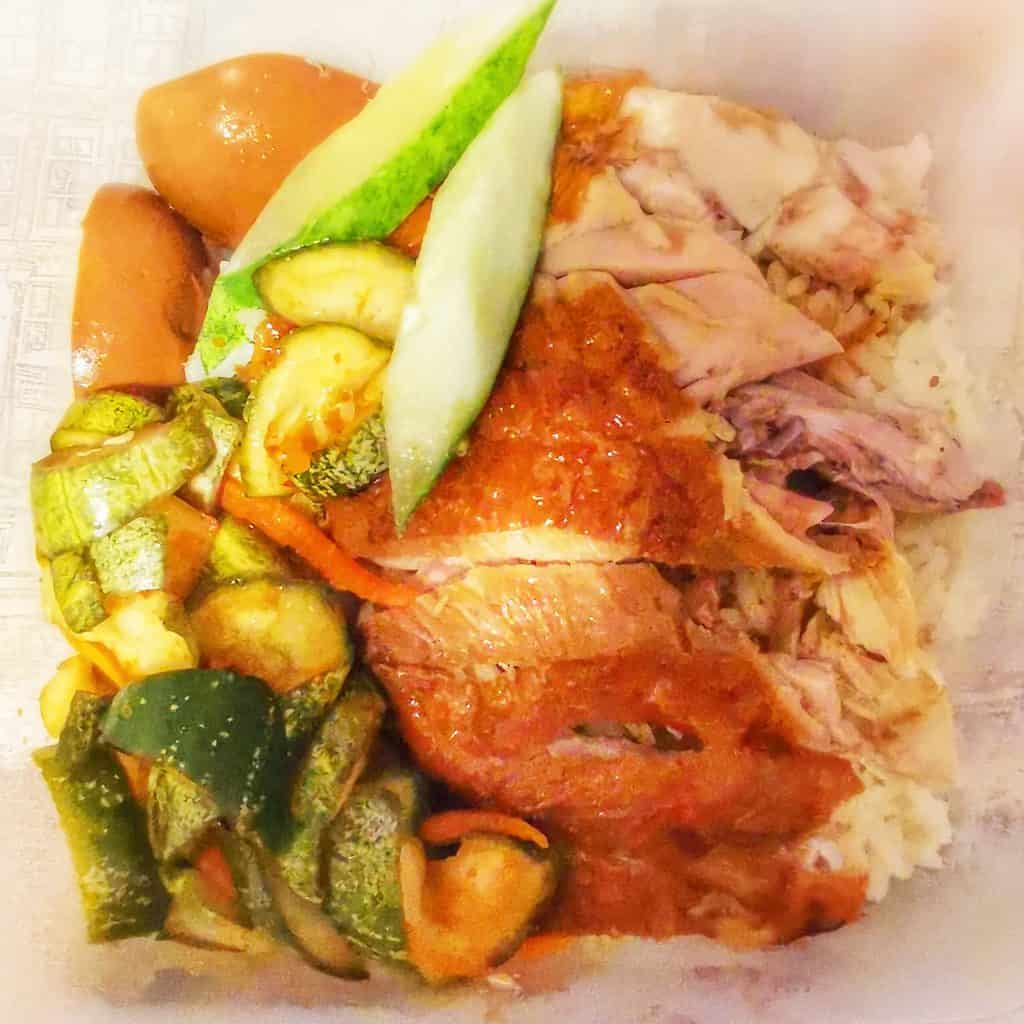 Roast chicken rice with achar and braised egg