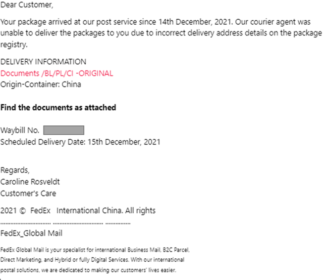 Figure 3: The malicious email which was sent with the subject "Bill of Lading-PL/CI/BL-Documents arrival