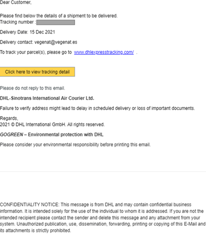 Figura 4: El correo electrónico malicioso que se envió con el asunto "Notificación de envío de DHL: xxxxxxxxxx" Fuera de entrega "para el 15 de diciembre de 21